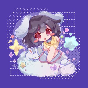 1girl animal_ears barefoot bloomers blush chibi chibi_only cloud dress inaba_tewi inukkomaru open_mouth pink_dress rabbit rabbit_ears red_eyes short_hair solo star_(symbol) touhou underwear