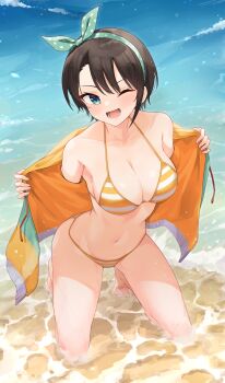1girl ;d aqua_eyes bare_shoulders barefoot beach bikini black_hair bow breasts cleavage collarbone drawstring full_body hair_bow hands_up highres hololive jacket kneeling large_breasts leaning_forward looking_at_viewer lower_teeth_only navel one_eye_closed oozora_subaru oozora_subaru_(hololive_summer_2019) open_clothes open_jacket open_mouth parted_lips polka_dot polka_dot_bow profnote smile solo stomach striped_bikini striped_clothes swimsuit teeth thighs virtual_youtuber water