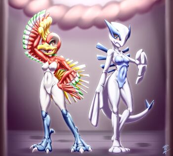 Rule 34 | 2girls, alternate costume, aozame takao, arm up, blue bodysuit, blue eyes, blurry, blurry background, bodysuit, breasts, commentary request, cosplay, covered erect nipples, covered navel, fake tail, full body, gen 2 pokemon, hand on own hip, highres, ho-oh, ho-oh (cosplay), latex, latex bodysuit, legendary pokemon, lugia, lugia (cosplay), mask, medium breasts, multicolored bodysuit, multiple girls, nintendo, pokemon, red bodysuit, shiny clothes, signature, skin tight, small breasts, standing, tail, tiptoes, touhou, variant set, white bodysuit, yellow eyes, yorigami jo'on, yorigami shion