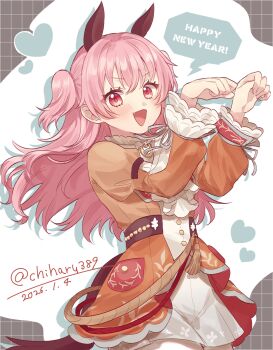 Rule 34 | 1girl, :d, animal ears, blush, buttons, chinese zodiac, coat, commentary, cowboy shot, dated, drop shadow, english text, eyelashes, fang, grid background, hair between eyes, happy new year, haregi thoroughbred (project sekai), harusawa, heart, highres, horse ears, horse girl, horse pose, horse tail, juliet sleeves, kemonomimi mode, long hair, long sleeves, looking at viewer, momoi airi, new year, official alternate costume, open mouth, orange coat, pink hair, project sekai, puffy sleeves, red eyes, shorts, sidelocks, smile, solo, speech bubble, symbol-only commentary, tail, twitter username, two side up, white shorts, year of the horse