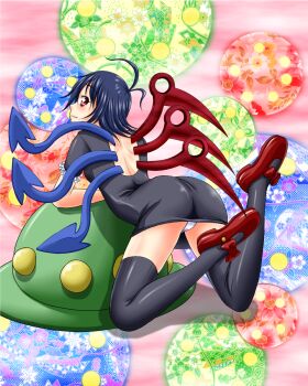 1girl antenna_hair ass asymmetrical_wings back black_dress black_hair black_thighhighs blue_wings blush bow closed_mouth commentary_request dress footwear_bow full_body highres houjuu_nue looking_at_viewer looking_back mary_janes panties pantyshot pink_background red_bow red_eyes red_shoes red_wings shiba_meiji shoes short_dress short_hair smile solo thighhighs touhou ufo underwear white_panties wings