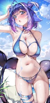 1girl :o absurdres ahoge animal_ears bikini blue_bikini blue_collar blue_eyes blue_hair blunt_bangs blush body_markings breasts cleavage collar collarbone day facial_mark halterneck hand_on_own_head heart heart_ahoge heart_o-ring highres indie_virtual_youtuber large_breasts long_hair looking_at_viewer marck_(marck1703) multicolored_hair navel o-ring o-ring_bikini orca_girl outdoors shrimp shylily shylily_(bikini) solo streaked_hair string_bikini swimsuit virtual_youtuber wet white_hair