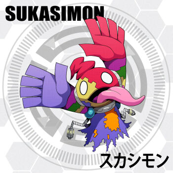 Rule 34 | appmon, cable, circle, d sandy, digimon, digimon universe: appli monsters, floating, highres, open hand, solo, sukasimon, tongue, tongue out