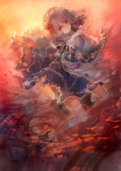 1girl armband armor asymmetrical_clothes between_fingers boots braid bridal_gauntlets dress embellished_costume female_focus fighting_stance flower gauntlets gears gloves hair_flower hair_ornament holding izayoi_sakuya knife maid_headdress neetiska neptune_(artist) pauldrons red_eyes reference_work shoulder_armor silver_hair solo thighhighs throwing_knife torn_clothes touhou twin_braids weapon white_thighhighs