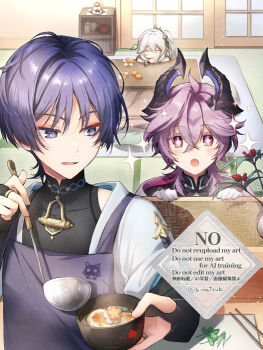 1girl 2boys animal_print apron black_bodysuit black_bridal_gauntlets blue_sleeves blunt_ends blush bodysuit bowl bracelet bridal_gauntlets bright_pupils cat_print choppy_bangs chopsticks commentary_request cooking covered_collarbone crossed_bangs dragon_boy dragon_horns duplicate durin_(genshin_impact) eyelashes eyeliner eyeshadow facial_mark food forehead_mark fruit genshin_impact gloves gold gold_ring hair_between_eyes hair_intakes hair_ornament head_rest holding holding_bowl holding_ladle horns indoors jewelry kinatsu_k kotatsu ladle layered_sleeves leaf leaf_hair_ornament long_hair makeup mandarin_collar mandarin_orange middle_ring multiple_boys nahida_(genshin_impact) new_year open_mouth peeking_out pillow pink_eyes pink_hair plant potted_plant purple_apron purple_eyes purple_hair purple_horns purple_rope red_eyeliner red_eyeshadow rope scaramouche_(cat)_(genshin_impact) scaramouche_(genshin_impact) short_sleeves shoulder_peek side_ponytail sidelocks sitting sparkling_eyes table twitter_username two-sided_horns vegetable wanderer_(genshin_impact) watermark white_gloves white_hair white_pupils white_sleeves