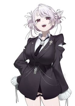 1girl belt black_belt black_jacket black_necktie blush breasts collarbone collared_shirt commentary double_bun earrings hair_bun hair_ribbon highres hoop_earrings huge_breasts jacket jewelry laughing long_hair long_sleeves looking_at_viewer necktie nijisanji open_mouth owarinu pink_eyes pink_hair ribbon shiina_yuika shiina_yuika_(14th_costume) shirt simple_background sleeves_past_fingers sleeves_past_wrists smile solo teeth thigh_strap thighs twitter_username upper_teeth_only virtual_youtuber white_background white_ribbon white_shirt