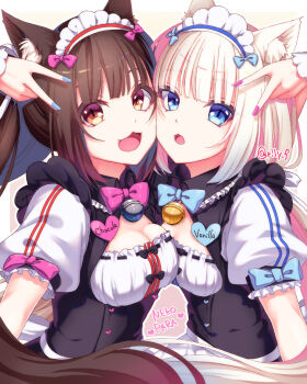 2girls :3 :d absurdres animal_ear_fluff animal_ears apron asymmetrical_docking bell black_dress blonde_hair blue_bow blue_bowtie blue_eyes blue_nails blunt_bangs border bow bowtie breast_press breasts brown_eyes brown_hair buttons cat_ears cat_girl character_name cheek_press chocola_(nekopara) cleavage cleavage_cutout clothing_cutout collar commentary copyright_name cowboy_shot double-breasted dress floating_hair frilled_collar frilled_sleeves frills gold_bell hair_ribbon hand_up happy heart heart_button highres jingle_bell long_hair looking_at_viewer low_twintails maid maid_apron maid_headdress medium_breasts multiple_girls nail_polish name_tag neck_bell nekopara open_mouth orange_eyes outline outside_border pink_bow pink_bowtie pink_nails puffy_short_sleeves puffy_sleeves ribbon ririi_(ai-my_talikng) short_sleeves siblings sidelocks simple_background sisters slit_pupils small_breasts smile twins twintails twitter_username upper_body v vanilla_(nekopara) very_long_hair waist_apron waitress white_apron white_background white_border white_hair white_outline white_ribbon white_wrist_cuffs wrist_cuffs yellow_background