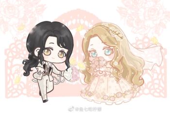 2girls beads black_hair black_shoes blonde_hair blue_eyes blush_stickers bouquet bridal_veil bride brooch brown_eyes chibi chinese_commentary closed_mouth collared_jacket collared_shirt colored_eyelashes commentary_request crossdressing crossdressing_(ftm) dress dress_flower dress_pants dress_shoes elbow_gloves floral_print flower flower_brooch forever_love_(shining_nikki) formal_clothes gate gloves grey_jacket grey_pants grey_suit grey_vest groom hair_beads hair_ornament happy holding holding_bouquet jacket jewelry lace lace_gloves lapels layered_sleeves long_hair long_sleeves looking_at_viewer low_ponytail multiple_girls nikki_(series) notched_lapels offering_hand open_clothes open_jacket pants pink_dress pink_flower pink_rose pleated_dress pocket ponytail print_dress ribbon ringlets romantic_visit_(shining_nikki) rose rose_print see-through_clothes see-through_veil shining_nikki shirt shoes smile sparkle suit tareme tuxedo veil very_long_hair vest watermark wavy_hair wedding_dress weibo_watermark white_background white_flower white_gloves white_ribbon white_rose white_shirt white_veil xiaoyu_qixing