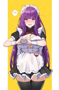 1girl apron blush breasts embarrassed fern_(sousou_no_frieren) heart heart-shaped_boob_challenge heart_hands highres large_breasts long_hair looking_at_viewer maid maid_apron maid_headdress open_mouth purple_hair solo sousou_no_frieren sweatdrop thighhighs yami_anko