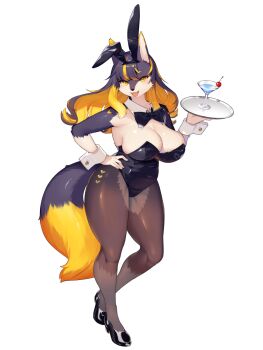 1girl alcohol animal_ears asymmetrical_bangs belly black_hair black_leotard black_shoes blonde_hair breasts bunnimals cherry cleavage cocktail_glass covered_navel cup detached_collar drink drinking_glass fake_animal_ears food fruit full_body furry furry_female hand_on_own_hip highres holding holding_tray huge_breasts kishibe leotard long_hair looking_at_viewer marie_gold multicolored_hair official_art open_mouth pantyhose playboy_bunny plump rabbit_ears second-party_source shoes simple_background solo standing strapless strapless_leotard streaked_hair tachi-e tail transparent_background tray two-tone_hair wolf_ears wolf_girl wolf_tail wrist_cuffs yellow_eyes
