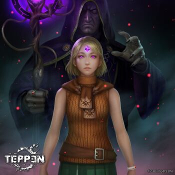 1boy 1girl ashley_graham belt blonde_hair blue_eyes bracelet brown_sweater capcom clock gem_on_head glowing glowing_eyes green_skirt highres hood horror_(theme) jewelry kuroiwa_enu looking_at_viewer mind_control monster monster_boy osmund_saddler parasite plaga_(resident_evil) pueple_eyes resident_evil resident_evil_4 ring robe scarf skirt sleveless staff sweater tentacles teppen