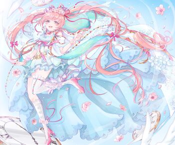 1girl aqua_cloak asymmetrical_legwear blue_dress blue_sky bow bowtie bracelet brown_eyes cherry_blossoms cloak clock cloud commentary day dress eyelashes first_wind_(miracle_nikki) floating_clothes floating_hair flower flower_anklet flower_bracelet frilled_thighhighs frills full_body gradient_eyes hair_flower hair_ornament hair_ribbon hand_up happy high_heels hood hood_down hooded_cloak jewelry kneehighs lace lace-trimmed_dress lace_trim leg_up light_blush long_hair looking_at_viewer miracle_nikki mismatched_legwear multicolored_eyes nikki_(series) open_mouth outdoors pink_bow pink_bowtie pink_flower pink_hair pink_ribbon pink_shoes purple_eyes rain0612 ribbon shoes single_kneehigh single_sock single_thighhigh sky smile socks solo stiletto_heels thighhighs train_(clothing) twintails two-sided_hood very_long_hair white_cloak white_socks white_thighhighs wind