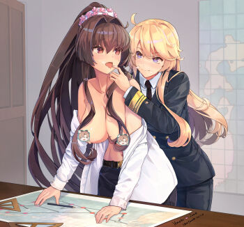 3girls absurdres akigumo_(kancolle) alternate_costume black_necktie blonde_hair blue_eyes breasts brown_hair censored censored_nipples character_censor cherry_blossoms green_eyes highres himeyamato indoors iowa_(kancolle) kantai_collection large_breasts long_hair long_sleeves map military military_uniform multiple_girls necktie novelty_censor off_shoulder open_clothes open_shirt ponytail red_eyes shirt sidelocks smile star-shaped_pupils star_(symbol) symbol-shaped_pupils white_shirt yamato_(kancolle) yuri