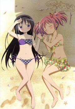 10s 2girls absurdres akemi_homura bandeau barefoot beach bikini black_hair blush closed_eyes feet from_above groin hair_ribbon hairband highres hip_focus holding_hands kaname_madoka kyubey legs lying mahou_shoujo_madoka_magica mahou_shoujo_madoka_magica_(anime) multiple_girls nakamura_naoto non-web_source nyan nyantype official_art pink_hair purple_eyes ribbon scan shells short_hair side-tie_bikini_bottom swimsuit toes twintails wide_hips yuri