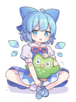 1girl :d ahoge bird blue_bow blue_eyes blue_hair blue_shoes blush bow cirno coa_(chroo_x) collared_shirt commentary_request dress duo_(duolingo) duolingo full_body hair_bow highres looking_at_viewer neck_ribbon open_mouth owl pinafore_dress red_ribbon ribbon shirt shoes short_hair short_sleeves simple_background sitting sleeveless sleeveless_dress smile socks solo touhou white_background white_shirt white_socks