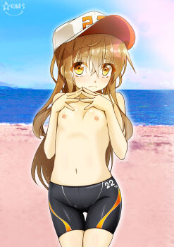 1girl baseball_cap beach bike_shorts black_shorts blush breasts breasts_day brown_eyes brown_hair closed_mouth commentary_request cowboy_shot fumizuki_(kancolle) gluteal_fold groin hair_over_breasts hat hoshi_nohara kantai_collection loli long_hair male_swimwear_challenge navel nipples ocean outdoors own_hands_together shorts small_breasts solo standing stomach thigh_gap thighs thighs_together topless_female white_hat