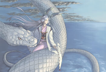 Rule 34 | 1girl, alternate costume, animal, blue sky, closed mouth, cloud, commentary request, day, floating hair, floating headgear, hair ribbon, headgear, japanese clothes, kantai collection, kimono, long hair, long sleeves, murakumo (kancolle), ocean, orange eyes, outdoors, oversized animal, pink kimono, pink ribbon, red eyes, ribbon, ribbon-trimmed sleeves, ribbon trim, sitting, sitting on animal, sky, snake, solo, taruya, tassel, tress ribbon, water, white snake, wide sleeves