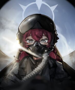 1girl absurdres aircraft airplane blue_archive cloud cockpit commentary_request flight_suit flying hair_between_eyes halo helmet highres holong5020 iroha_(blue_archive) jumpsuit long_hair looking_at_viewer oxygen_mask pilot pilot_helmet portrait red_hair solo