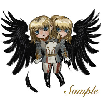 atergraham bird_wings black_boots black_wings blonde_hair blue_hair blush boots character_request coat deformed epaulettes eyelashes full_body highres medium_hair multiple_heads sample_watermark simple_background watermark white_background wings