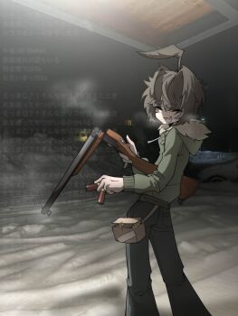Rule 34 | 1boy, absurdres, ahoge, bag, black hair, black pants, break action, bullet, closed eyes, cowboy shot, double-barreled shotgun, facing viewer, fang, from side, fur-trimmed jacket, fur trim, green jacket, gun, highres, holding, holding bullet, holding gun, holding weapon, huge ahoge, jacket, long sleeves, male focus, nightcore (n19htc0r333), open mouth, original, outdoors, pants, photo background, short hair, shotgun, skin fang, smoke, smoking barrel, snow, solo, weapon, winter