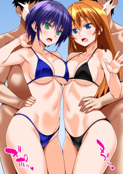 2boys 2girls asymmetrical_docking beach bikini black_bikini black_hair blue_bikini blue_eyes blue_hair breast_press breasts brown_hair commentary_request commission engo_(aquawatery) green_eyes highres long_hair lyrical_nanoha mahou_shoujo_lyrical_nanoha_strikers multiple_boys multiple_girls pixiv_commission short_hair subaru_nakajima swimsuit teana_lanster