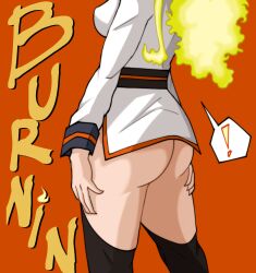 Rule 34 | !, 1girl, absurdres, arms at sides, artist request, ass, ass focus, ass grab, belt, belted dress, black thighhighs, boku no hero academia, breasts, burnin (boku no hero academia), buttons, character name, claws, double-breasted, dress, female focus, fiery hair, fire, garter straps, grabbing own ass, gradient hair, green fire, green hair, highres, huge ass, kamiji moe, large breasts, legs, long bangs, long hair, long sleeves, lower body, multicolored hair, neck, no panties, ponytail, red background, revealing clothes, short dress, side slit, sidelocks, simple background, standing, thighhighs, thighs, white dress, wide ponytail