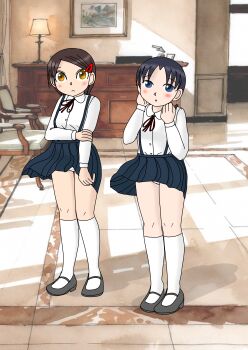2girls black_hair black_shoes black_skirt blue_eyes blush brown_eyes brown_hair chair crotch_seam curtains desk hair_ornament hairclip holding_own_arm hotel kneehighs lamp loli long_sleeves looking_at_viewer mary_janes multiple_girls neck_ribbon open_mouth original panties picture_frame red_ribbon ribbon school_uniform sexless2012 shirt shoes short_hair skirt socks standing suspender_skirt suspenders underwear white_panties white_shirt white_socks wind wind_lift