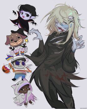 absurdres apron bat_wings black_skin blonde_hair blood blood_on_clothes blood_on_face bodysuit candy chibi colored_skin cross_hair_ornament dog fingernails food ghost ghost_costume grey_skin hair_ornament hairpin halloween_bucket hat highres long_fingernails maid_apron one_eye_closed outstretched_arms player_character_(roblox) purple_skin roblox russian_flag russian_text sharp_fingernails sharp_teeth skull_hair_ornament star_wand teeth torn_bodysuit torn_clothes torn_painting ukrainian_flag urennnii urennnii_(roblox) vampire wings witch_hat zombie_pose