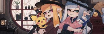 2girls asymmetrical_sidelocks black_hat blue_bow blue_hair blue_ribbon blue_shirt blunt_bangs boater_hat bow cigarette collared_shirt colored_tongue commentary_request commission drawstring earrings fangs film_grain gen_2_pokemon golden_egg_(splatoon) green_eyes grin hat hat_bow hat_ribbon heterochromia highres holding holding_cigarette holding_pokemon hood hood_down hoodie indoors inkbrush_(splatoon) inkling inkling_girl inkling_player_character jewelry light_particles lightning_bolt_earrings lightning_bolt_symbol long_hair long_sleeves looking_at_viewer multiple_girls nintendo open_mouth orange_hair pichu pink_eyes pink_hoodie pointy_ears pokemon pokemon_(creature) polka_dot polka_dot_bow polka_dot_ribbon polka_dot_shirt prat_rat red_eyes red_shirt ribbon shirt sidelocks sleeves_rolled_up smile splatoon_(series) squeezer_(splatoon) tentacle_hair watermark watermark_grid yellow_bow yellow_ribbon yellow_tongue