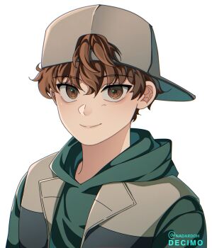 1boy backwards_hat baseball_cap brown_hair green_hoodie grey_vest hat highres hood hood_down hoodie lee_gilyoung looking_at_viewer male_focus messy_hair nadardoh omniscient_reader&#039;s_viewpoint short_hair smile solo straight-on upper_body vest