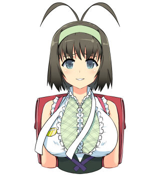 1girl absurdres antenna_hair black_corset blue_eyes blush bob_cut breasts brown_hair center_frills corset covered_erect_nipples dress frilled_dress frills green_hairband hairband highres kometoze large_breasts looking_at_viewer parted_lips ribbon senran_kagura senran_kagura_new_wave short_hair simple_background sleeveless smile solo syuri_(senran_kagura) underbust upper_body white_background white_ribbon