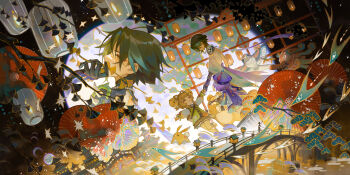 1boy 1other 2girls absurdres analogous_colors bell blunt_bangs bridge chinese_commentary commentary_request genshin_impact green_hair guoba_(genshin_impact) hair_bell hair_ornament highres holding_hands landscape lantern multiple_girls multiple_views paper_lantern purple_hair qiao2121 qiqi_(genshin_impact) scenery short_hair standing walking xiao_(genshin_impact) yaoyao_(genshin_impact) yuegui_(genshin_impact)