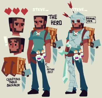 ! 1boy armor backpack bag beard belt breastplate brown_hair reference_sheet crafting_table_(minecraft) english_text facial_hair hammer heart highres looking_to_the_side minecraft no_mouth potion saw solo steve_(minecraft) sword the_noodle_(onebadnoodle) weapon
