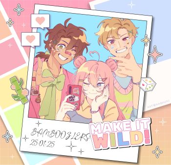 1girl 2boys absurdres ahoge alternate_costume animification bamboo blonde_hair blue_eyes bow bowtie bracelet brown_hair cellphone commentary dice double_bun english_text goodtimeswithscar green_bow green_bowtie grin hair_bun heart heart_ahoge highres holding holding_phone jellie_(hermitcraft) jewelry ldshadowlady long_hair minecraft_youtube multiple_boys one_eye_closed pastel_colors phone pink_hair polaroid_photo ponytail raqkuni short_hair smallishbeans smartphone smile snail solidaritygaming sparkle sticker symbol-only_commentary tan traffic_life_series wild_life_smp