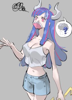 1girl ? ahoge alternate_costume bare_shoulders blue_hair breasts cleavage collarbone commentary_request cowboy_shot grey_background holding holding_umbrella horns large_breasts long_hair looking_up mask midriff mouth_mask navel one_piece pink_eyes rain raine_(acke2445) short_shorts shorts sidelocks simple_background solo speech_bubble squiggle tank_top ulti_(one_piece) umbrella white_tank_top