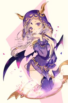 1girl :o braid breasts claws cleavage cowboy_shot demon_wings dress eric_knikki fiona_gilman fiona_gilman_(dream_messenger) floating_clothes floating_hair frilled_sleeves frills glitter_dress gold_horns gold_trim grey_hair identity_v light_blush official_alternate_costume plunging_neckline purple_eyes purple_thighhighs purple_veil single_braid thighhighs veil watermark wings