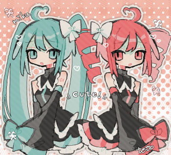 2000s_(style) ahoge aqua_eyes aqua_hair bare_shoulders black_shirt black_skirt bow detached_sleeves drill_hair hair_bow hatsune_miku heart heart_ahoge highres kasane_teto long_hair long_sleeves looking_at_viewer matching_outfits okashira_moppu red_eyes red_hair shirt skirt sleeveless sleeveless_shirt twin_drills twintails utau very_long_hair vocaloid white_bow