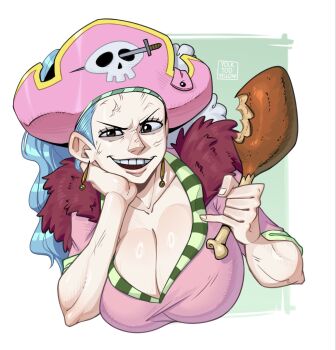 1girl aged_up alternate_universe blue_hair boned_meat breasts brown_eyes cleavage commentary earrings english_commentary food fur-trimmed_shirt fur_trim hair_pulled_back hat highres holding holding_food jewelry large_breasts looking_at_viewer mature_female meat nefertari_vivi one_piece open_mouth pink_hat pink_shirt pirate_hat ponytail shirt skull smile solo teeth yolk_too_yellow