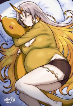 1girl artist_name bed breasts cleavage cleavage_cutout closed_eyes clothing_cutout colored_inner_hair female_focus fire_emblem fire_emblem:_three_houses gradient_hair grey_hair gullveig_(fire_emblem) highres horns large_breasts multicolored_hair nintendo on_bed pillow pregnant rotomdocs single_horn smile snake solo stuffed_animal stuffed_toy