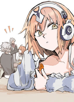 2boys 2girls ahoge amakusa_shirou_(fate) bare_shoulders black_shirt blonde_hair breasts chips_(food) collarbone dress fate/grand_order fate_(series) food fujimaru_ritsuka_(female) fujimaru_ritsuka_(female)_(decisive_battle_chaldea_uniform) grey_hair headphones highres holding holding_food jacket jeanne_d&#039;arc_(fate) kadoc_zemlupus ki_wa001 kotatsu long_hair long_sleeves looking_at_viewer low_twintails medium_hair metatron_jeanne_(fate) metatron_jeanne_(second_ascension)_(fate) multiple_boys multiple_girls off_shoulder open_mouth orange_hair red_scarf scarf shirt short_hair simple_background smile striped_clothes table trinity_metatronius_(fate/grand_order) twintails very_long_hair white_background white_dress yellow_eyes