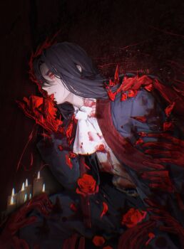 1boy ascot black_coat black_hair black_pants blood blood_on_clothes candle coat commentary highres la_manchaland_(identity)_(project_moon) limbus_company long_hair long_sleeves meursault_(project_moon) momoatls pants parted_bangs parted_lips project_moon red_eyes shirt solo stole symbol-only_commentary very_long_hair white_ascot white_shirt