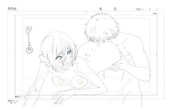 1boy 1girl ass bent_over breasts chainsaw_man color_trace commentary completely_nude denji_(chainsaw_man) desk english_commentary face_in_ass hetero highres implied_cunnilingus lineart looking_at_another looking_back maplestar medium_breasts nude production_art reze_(chainsaw_man) school_desk standing thighs window