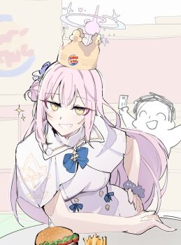 1boy 1girl artist_request badge blue_archive blue_bow bow burger burger_king burger_king_crown button_badge buttons capelet contrapposto credit_card doodle_sensei_(blue_archive) double-breasted dress food french_fries grin hair_bun hair_ornament hair_scrunchie halo hand_on_own_hip highres leaning_forward looking_at_viewer meme mika_(blue_archive) no_wings non-web_source pink_hair scrunchie sensei_(blue_archive) single_side_bun sleeveless sleeveless_dress smile smug solo_focus source_request sparkle table white_capelet white_dress yellow_eyes