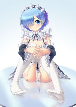 Rule 34 | 1girl, ass, blue eyes, blue hair, blush, breasts, cleavage, commentary request, detached sleeves, dress, feet, female focus, flower, full body, garter straps, hair flower, hair ornament, hair over one eye, hair ribbon, hairclip, highres, knees together feet apart, knees up, looking at viewer, maid, maid headdress, medium breasts, no shoes, ossannoa, panties, pink ribbon, re:zero kara hajimeru isekai seikatsu, reflection, rem (re:zero), ribbon, roswaal mansion maid uniform, short hair, sitting, smile, solo, thighhighs, thighs, underwear, white panties, white thighhighs, wide sleeves, x hair ornament