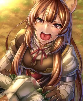 1girl adama0s0284 animal_ear_fluff animal_ears armor armored_gloves black_dress blunt_bangs breastplate breasts brown_gloves brown_hair cloak commentary_request crying crying_with_eyes_open double-parted_bangs dress elbow_gloves eyelashes fur-trimmed_cloak fur_trim gloves green_cloak highres leather leather_armor leather_gloves long_hair long_sleeves looking_at_viewer medium_breasts metal_arm_cuffs open_mouth outdoors partial_commentary pauldrons pink_eyes pov raccoon_ears raccoon_girl raphtalia red_dress shoulder_armor single_pauldron sleeveless sleeveless_dress solo standing striped_clothes striped_dress tate_no_yuusha_no_nariagari tears teeth upper_body vertical-striped_clothes vertical-striped_dress white_dress