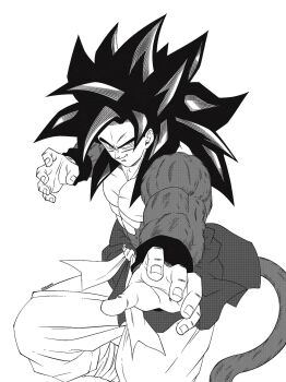 1boy black_hair body_fur closed_mouth collarbone dragon_ball dragon_ball_gt feet_out_of_frame fighting_stance greyscale highres long_hair looking_at_viewer male_focus monkey_boy monkey_tail monochrome muscular muscular_male naouuma_art pants pectorals sash simple_background solo son_goku spiked_hair super_saiyan super_saiyan_4 tail toriyama_akira_(style) white_background white_sash wrist_cuffs