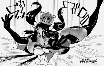 1boy 1girl action_lines artist_name ass big_nose black_hair blood blush breast_press breasts broken_floor crown dark-skinned_female dark_skin detached_sleeves dynamic_pose fang femdom floating_hair freckles gloves greyscale hat huge_breasts latex looking_down mario mario_(series) monochrome new_super_mario_bros._u_deluxe nintendo nisego nosebleed one_eye_closed size_difference smile spiked_necklace super_crown taller_female thwomp thwompette transformation twintails