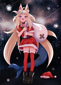 Rule 34 | 1girl, absurdres, alternate costume, animal ear fluff, animal ears, black boots, black choker, blonde hair, blue eyes, blue streaks, boots, capelet, cat ears, choker, commentary, dress, english commentary, fang, fins, fish girl, fish tail, fur-trimmed capelet, fur-trimmed dress, fur trim, hat, highres, holding, holding sack, indie virtual youtuber, long hair, looking at viewer, low twintails, one side up, red capelet, red dress, red hat, rei (2812q), sack, sameko saba, santa costume, santa dress, skin fang, smile, solo, tail, twintails, unworn hat, unworn headwear, very long hair, virtual youtuber