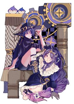 1boy 1girl absurdres alternate_costume alternate_universe bird black_boots black_gloves blue_eyes blue_hair blunt_bangs boots braid closed_mouth collar commentary detached_collar dress english_commentary frilled_collar frilled_dress frilled_sleeves frills genshin_impact gloves gradient_hair hair_between_eyes hat head_tilt headdress highres jewelry leaning_to_the_side long_hair long_sleeves looking_to_the_side mole mole_under_eye mother_and_son multicolored_hair parted_lips pink_lips purple_eyes purple_hair raiden_shogun scaramouche_(genshin_impact) see-through_clothes see-through_gloves shade short_hair shorts single_braid sitting teeth thighlet thighs wanderer_(genshin_impact) wide_sleeves yeyu670712