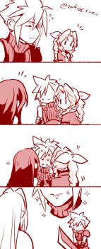 2boys 2girls aerith_gainsborough armor blush braid braided_ponytail buster_sword cloud_strife cosmetics fighting_stance final_fantasy final_fantasy_vii final_fantasy_vii_rebirth final_fantasy_vii_remake hair_between_eyes hair_ribbon highres holding holding_lipstick_tube holding_sword holding_weapon light_blush lipstick_tube multiple_boys multiple_girls one_eye_closed parted_lips pauldrons ribbon rukashio sephiroth sepia shiny_lips shoulder_armor sidelocks single_braid single_pauldron sleeveless sleeveless_turtleneck sparkle squeans suspenders sweatdrop sword tifa_lockhart turtleneck twitter_username upper_body weapon
